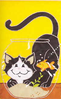 View Cat with Fish Bowl Applique Flag 28"x44" - 23914