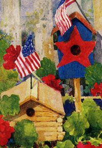 View Red White and Blue Birdhouses Flag 28"x40" - T1356