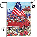 View Bonsai Tree 4th of July Garden Flag, Double Sided Patriotic Red Truck Flowers Burlap Yard Flags, American Flag Independence Day House Banners Welcome Home Decorations 12x18 Prime - 