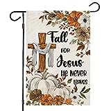 View Fall Cross Garden Flags for Outside Decorations, Religious Cross Fall for Jesus with Pumpkins Maple Leaves Small Yard Flag, Harvest Autumn Thanksgiving Seasonal Farmhouse Holiday Outdoor Decor 12x18 Inch  - 