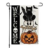 View CROWNED BEAUTY Halloween Ghost Cat Boo Garden Flag 12x18 Inch Small Double Sided Burlap Welcome Seasonal Holiday Yard Outside - 