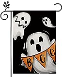 View Halloween Ghost Garden Flag 12x18 Double Sided for Outside Boo Black Small Burlap Yard Farmhouse Front Porch Lawn Outdoor Decorative Flag - 