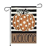 View CROWNED BEAUTY Fall Garden Flag 12x18 Inch Double Sided Small Burlap for Outside Welcome Stripes Polka Dots Orange Pumpkin Seasonal Yard Decoration CF1153-12 - 