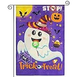 View Halloween Ghost Garden Flag Burlap - Halloween Trick or Treat Vertical Garden Flags 12x18 Inch Double Sided, Cute Ghost with Witch Hat Small Garden Flag for for Outside, Outdoor Porch Yard Decorations - 