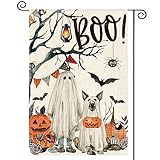 View AVOIN colorlife Halloween Boo Garden Flag Ghost Dog Spooky 12x18 Inch Double Sided Outside, Burlap Welcome Holiday Yard Outdoor Decorative Flag - 
