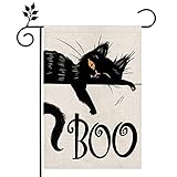 View CROWNED BEAUTY Halloween Boo Black Cat Garden Flag Double Sided 12×18 Inch for Outside Small Burlap Spooky Holiday Yard Flag - 