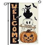 View Halloween Ghost Cat Boo Garden Flag 12x18 Inch Small Double Sided Burlap Welcome Holiday Outside Yard Decoration (Ghost Cat Boo) - 