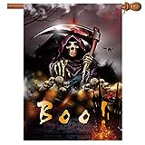 View Halloween Flag Double Sided Halloween Garden Flag Outdoors 28 x 40 Inch Large Halloween Yard Flag Decorative Halloween Skull BOO Grim Reaper House Flag with 2 Grommets - 