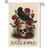 View AVOIN colorlife Halloween Welcome Skull Rose Crow Garden Flag Double Sided, Day of the Dead Holiday Yard Outdoor Decorative Flag 12 x 18 Inch - 