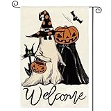 View AVOIN colorlife Welcome Halloween Trick Or Treat Garden Flag 12 x 18 Inch Double Sided, Ghost Jack O Lantern Bat Holiday Yard Outdoor Decorative Flag - 