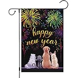 View Louise Maelys Happy New Year Garden Flag 12x18 Double Sided Vertical, Burlap Small Fireworks Cat Dog New Year Eve Yard Flag Sign Welcome Holiday Winter House Outdoor Outside Decorations (ONLY FLAG) - 
