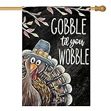 View AVOIN colorlife Thanksgiving Day Turkey House Flag 28x40 Inch Double Sided, Gobble Til You Wobble Fall Harvest Holiday Yard Outdoor Decorative Flag - 