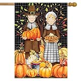 View Pilgrims Thanksgiving House Flag Pumpkins Pie 28" x 40" Briarwood Lane - 