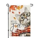 View CROWNED BEAUTY Fall Thanksgiving Cat Garden Flag 12x18 Inch Orange Leaves Small Double Sided Burlap Welcome Yard Autumn Outside Farmhouse Decoration - 