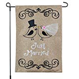 View Just Married Banner, Garden Flag or Car Decoration - Bride and Groom Birds Design On Burlap  garden flag - 12x18  - 