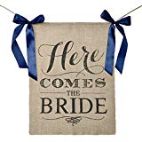 View Here Comes The Bride Sign Burlap Banner with Navy Blue Ribbons Wedding Ceremony Flag Rustic Theme,15 x 20 Inches - 