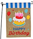 View Happy Birthday Garden Flag or Car Decoration - Happy Birthday Cake and Balloons On Burlap - 12x18 - 