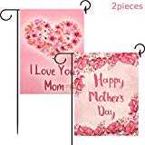 View 2 Pieces Happy Mother's Day Garden Flag and Double Sided I Love You Mom House Flag with Flower for Mom Garden Flags Outdoor Yard Decoration, 12 x 18 Inches - 