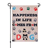 View HOMIMP Garden Flag Happiness in Life Comes from a Dog Garden Burlap Flag (13" x 18" Inch) with 1 Set Stoppers Rubber Stops and Anti-Wind Clips - 