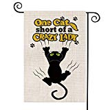 View AVOIN One Cat Short of A Crazy Lady Garden Flag Vertical Double Sided, Pawprints Cat Silhouette Burlap Flag Yard Outdoor Decoration 12.5 x 18 Inch - 