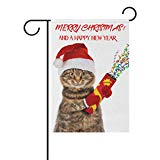 View Top Carpenter Cats On Christmas Hats with Present Wine and Petard Double-Sided Printed Garden House Sports Flag-12x18(in)-Polyester Decorative Flags for Courtyard Garden - 