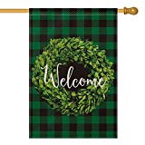 View AVOIN Boxwood Wreath Welcome House Flag Vertical Double Sided, St Patrick Spring Buffalo Check Plaid Rustic Farmhouse Burlap Flag Yard Outdoor Decoration 28 x 40 Inch - 