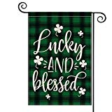 View AVOIN Lucky and Blessed Watercolor Buffalo Plaid Shamrock Garden Flag Vertical Double Sided, St Patrick's Day Burlap Yard Outdoor Decoration 12.5 x 18 Inch - 