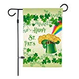 View Happy St. Patrick's Day Garden Flag,Clovers Irish Green Shamrocks,Leprechaun Top Hat Gold Coin Rainbow,Double Sided Burlap Decorative House Flags for Home Lawn Yard Indoor Outdoor Decor,12 x 18 Inch - 