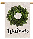 View BLKWHT Welcome Magnolia Leaves Wreath House Flag Vertical Double Sided 28 x 40 Inch Farmhouse Summer Yard Outdoor Decor - 
