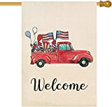 View Baccessor 4th of July House Flag Red Truck Carrying American Flag Memorial Day Independence Day Decorative Patriotic Large Vertical Double Sided Burlap Yard Flag Home Outdoor Decor 28 x 40 Inches - 